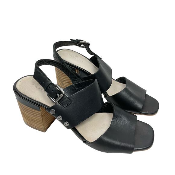 Caslon | Black Leather Silver Stud Slingback Buckle Stacked Block Heel Sandals - Picture 1 of 10
